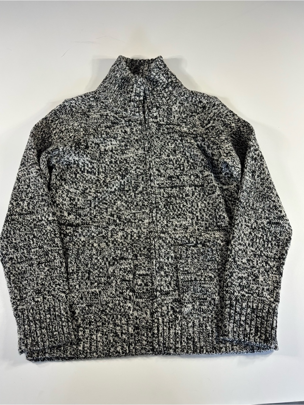 Eddie Bauer Full Zip Sweater Size M Wool Marled Black And White